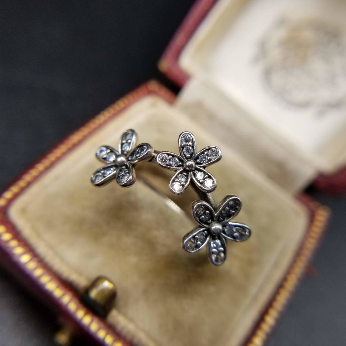 PANDORA bread gong CZ daisy 925 silver American Vintage ring silver Showa Retro ring France gik flower Cubic Zirconia YU42