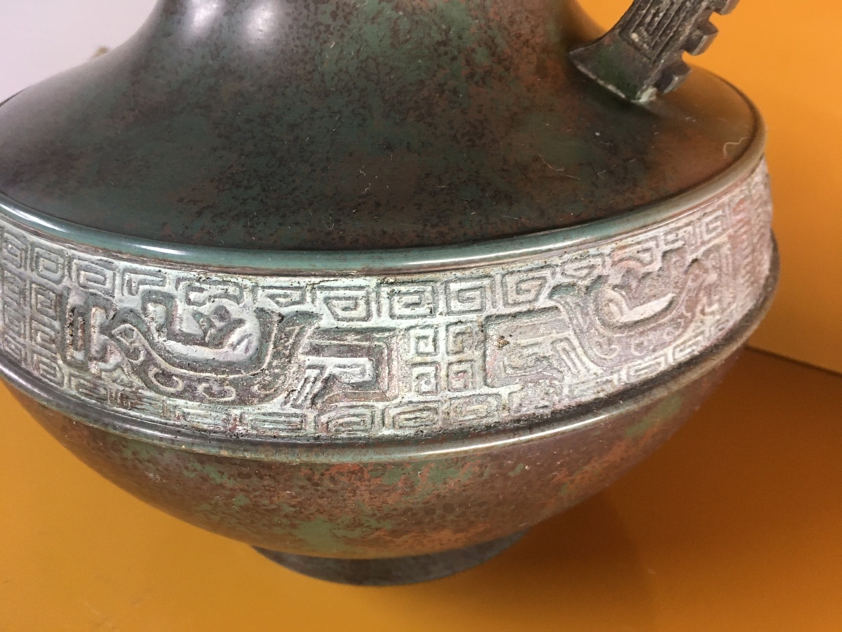 TK8-3 錆銅? 陶器 松盛 H31cm 花瓶 花器 花器 壺 焼き物 伝統工芸品 両取っ手