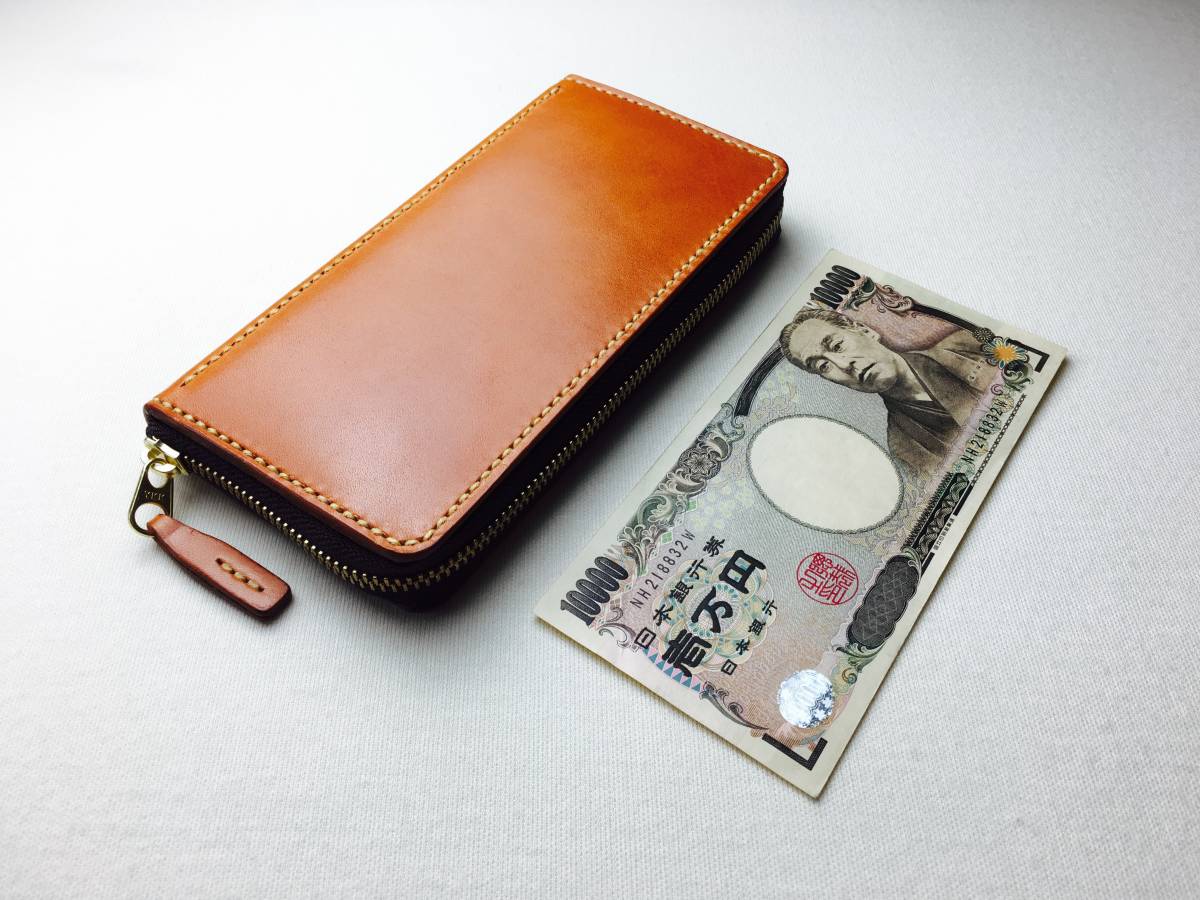 【メール便不可】 【手縫キャメル糸】コンパクトラウンドジップキャメル色本革長財布（小銭入れ内蔵）一万円札を折らずに入る最小長財布を制作しました。 長財布（小銭入れあり）