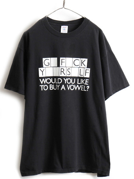 90s 大きいサイズ XL 人気 黒 ■ FUCK パロディ ジョーク プリント 半袖 Tシャツ ( メンズ ) 90年代 オールド プリントTシャツ モノトーン_画像1