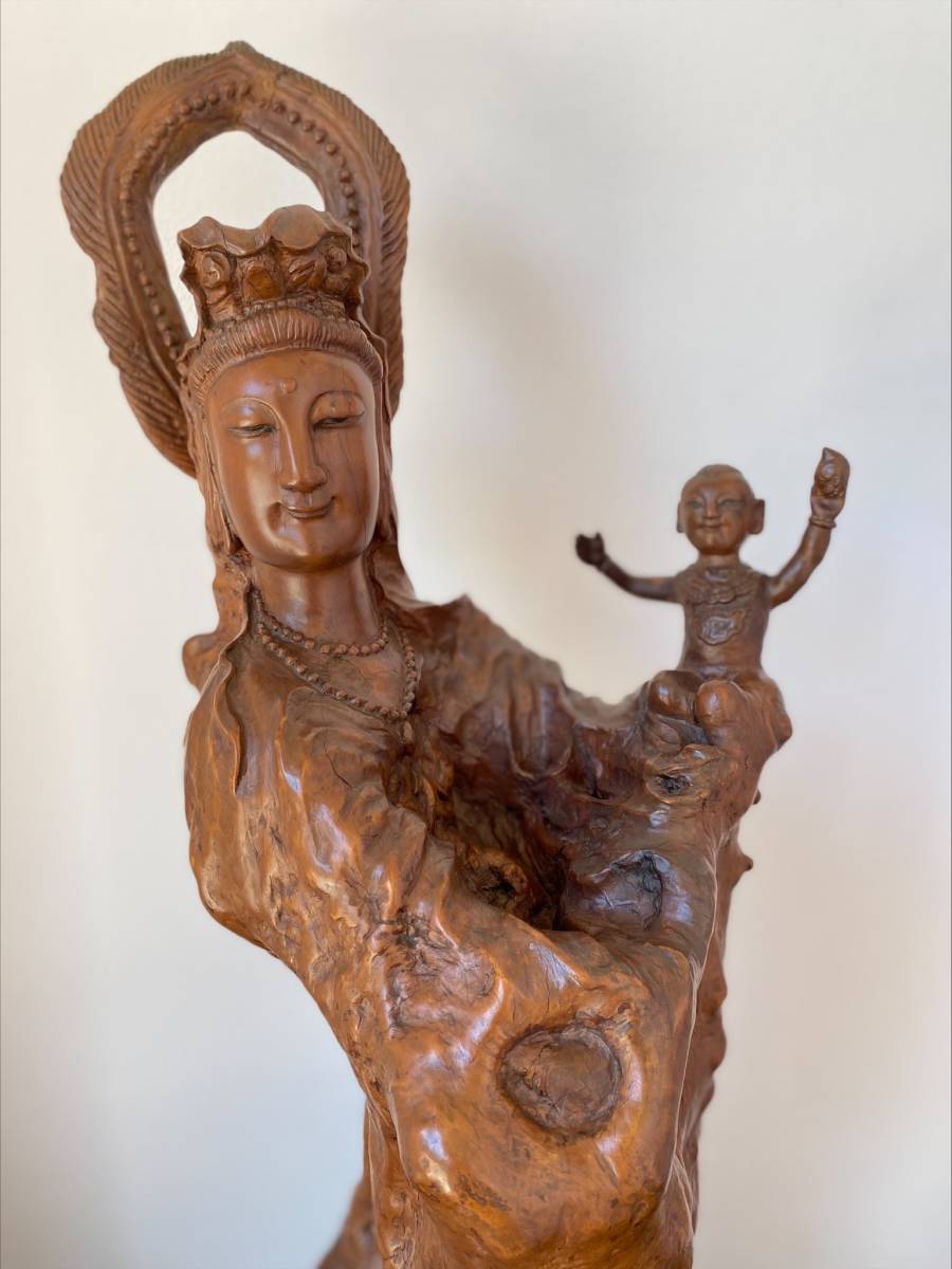 中国清時代 天然木根 仏像 送子観音 木彫り 置物 検中国古玩 古美術