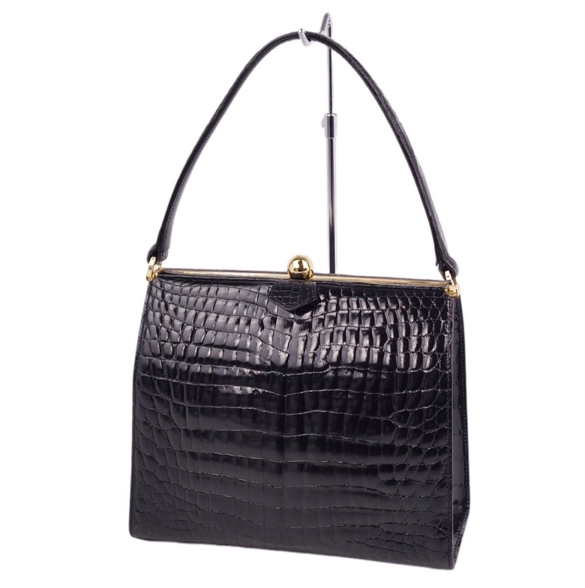 美品 クロコダイル CROCODILE バッグ がま口 ハンドバッグ シャイニー