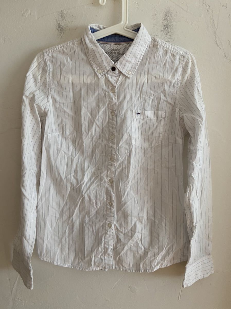 [ free shipping ] used TOMMY HILFIGER Tommy Hilfiger button down long sleeve shirt stripe size S