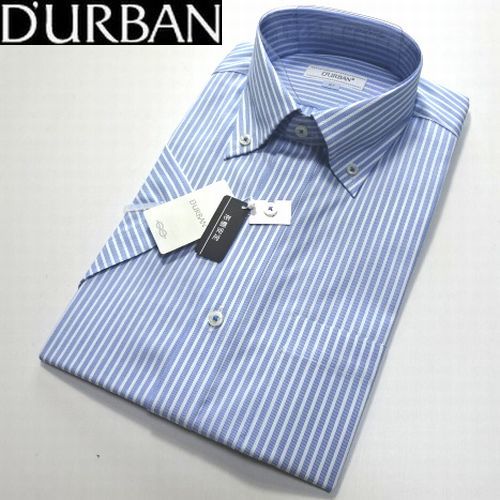 新品 ダーバン D'URBAN 夏 形態安定 ボタンダウン 半袖 ドレスシャツ 37 S 水 白 ストライプ 34番色 メンズ 紳士用 ビジネス スーツに_画像1