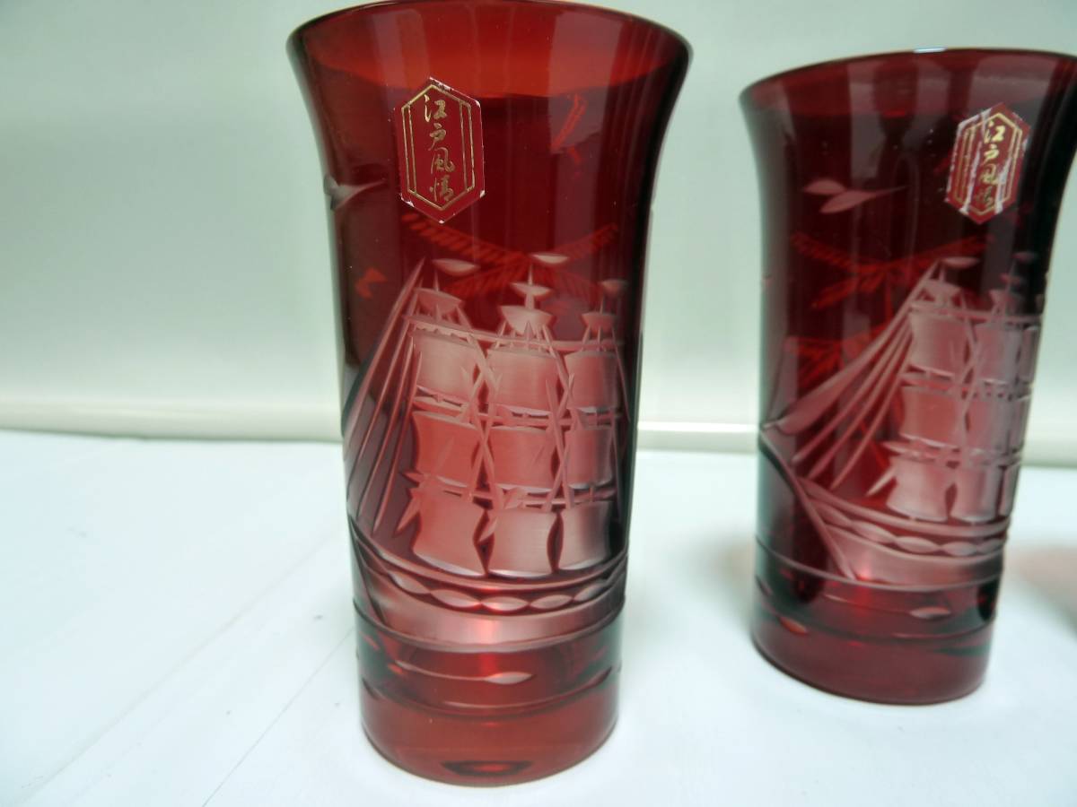 江戸切子 江戸風情 色被せ赤 一口グラス ビアグラス 5客セットの画像3