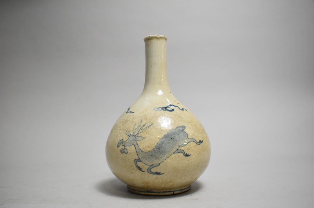 英】184 時代 李朝鹿紋花瓶 中国美術 朝鮮 韓国 高麗 李朝 染付 花入