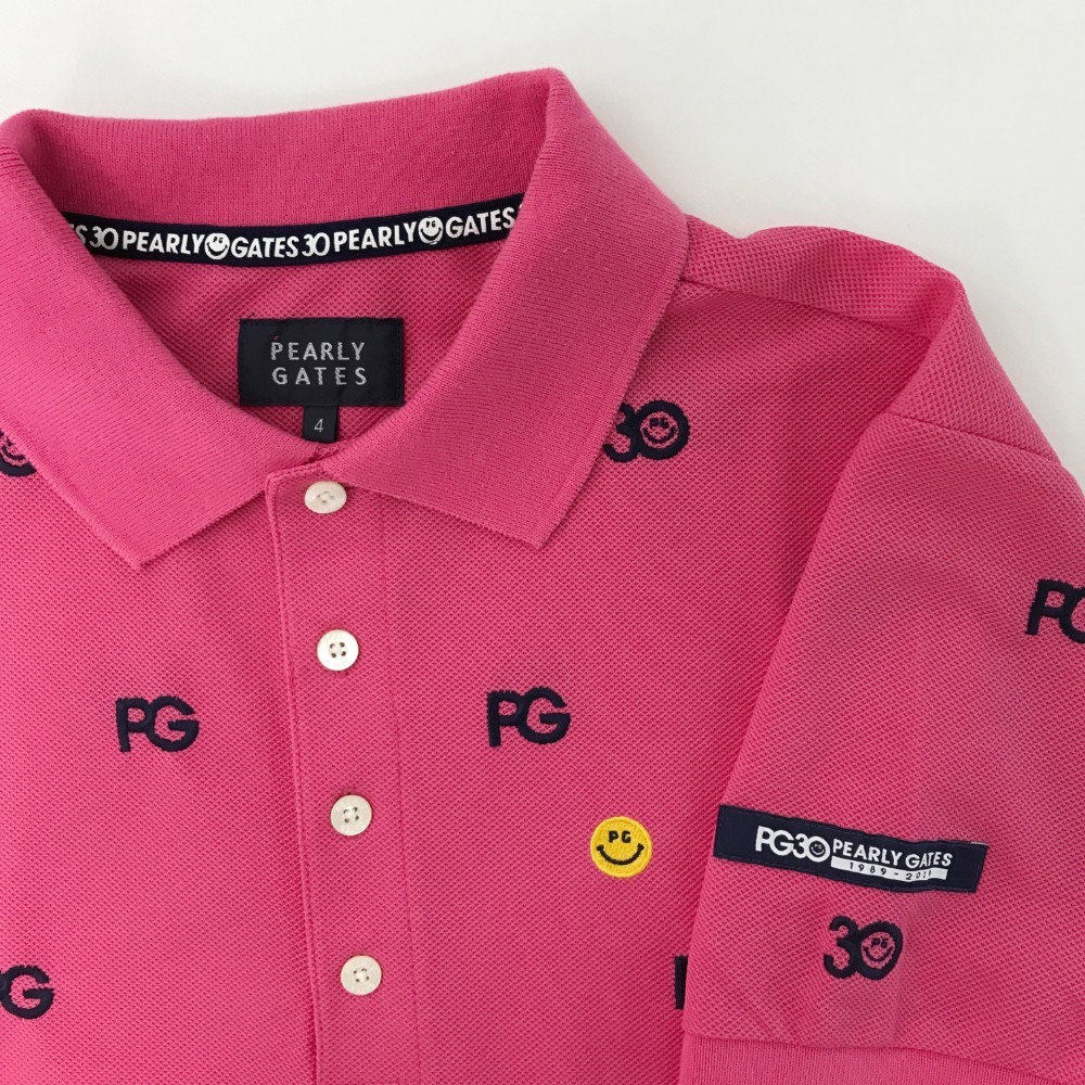 PEARLY GATES パーリーゲイツ 30周年 半袖ポロシャツ ニコちゃん刺繍 ロゴ 総柄 ピンク系 [240001762944]  ゴルフウェア メンズ