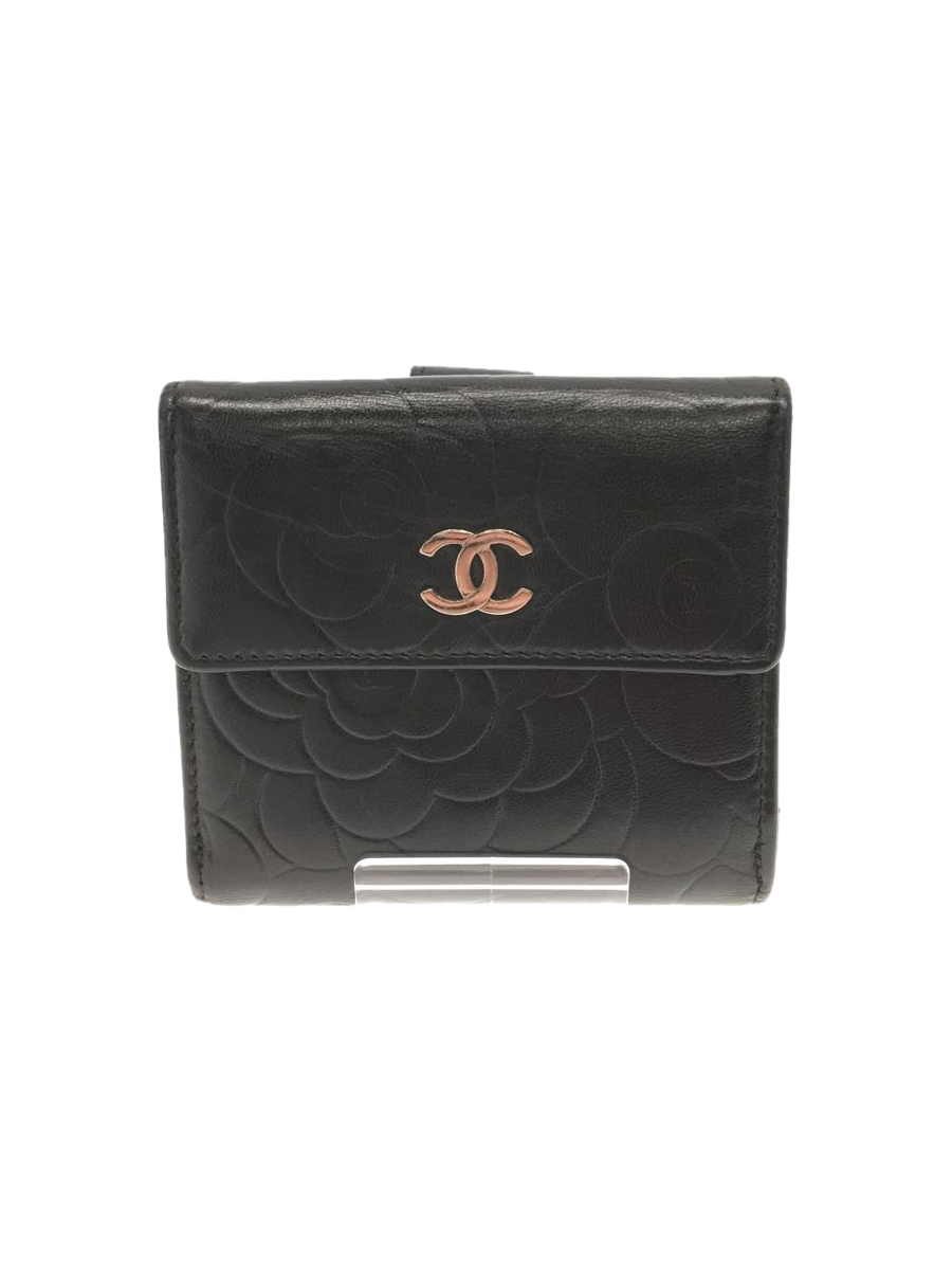 CHANEL◇3つ折り財布/レザー/ブラック/花柄/カードポケット8つ/箱有