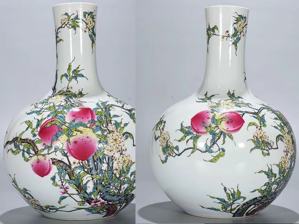 多寶屋】YA112□中国古美術陶磁器大清乾隆年製款粉彩の九桃天球瓶