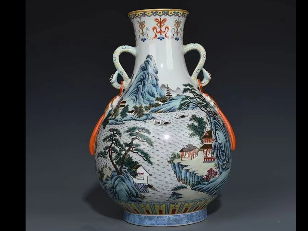 多寶屋】YA114□中国古美術 陶磁器 大清乾隆年製款 粉彩の山水楼閣如意