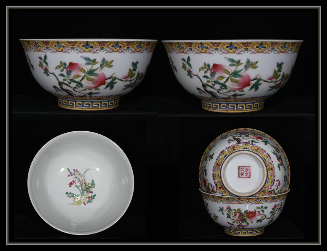 【多寶屋】LH128■中国古美術 清康熙御制 粉彩三多紋 茶碗一対 珍品■高さ7ｃｍ直径15.5ｃｍ■