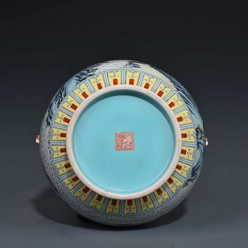 多寶屋】YA114□中国古美術 陶磁器 大清乾隆年製款 粉彩の山水楼閣如意