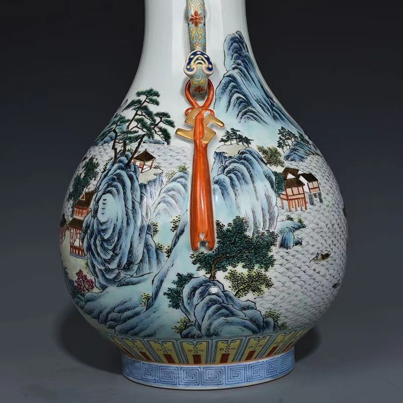 多寶屋】YA114□中国古美術 陶磁器 大清乾隆年製款 粉彩の山水楼閣如意