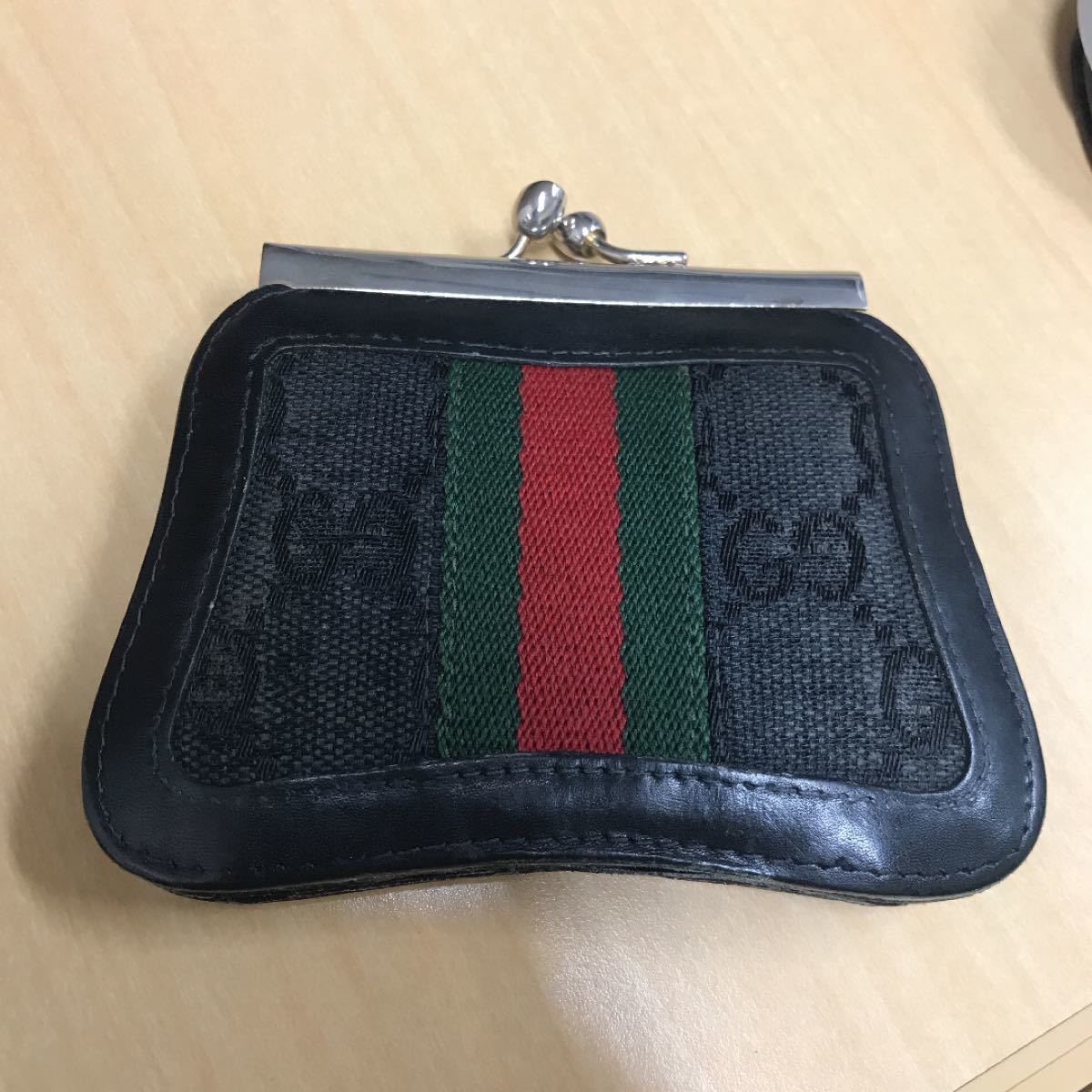 良品 GUCCI オールドグッチ がま口 レザー 長財布 紺 レディース