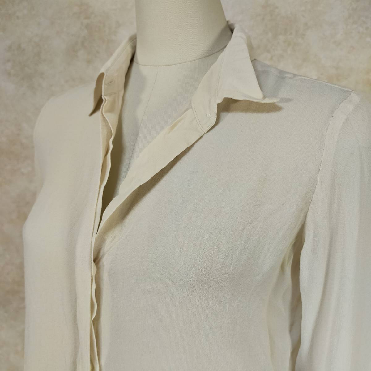 訳アリ セオリー thoey 日本製 シアーシャツ サイズS キナリ ホワイト 白 シルク100％ シースルー とろみ 長袖シャツ 羽織 脇ダメージ 3160