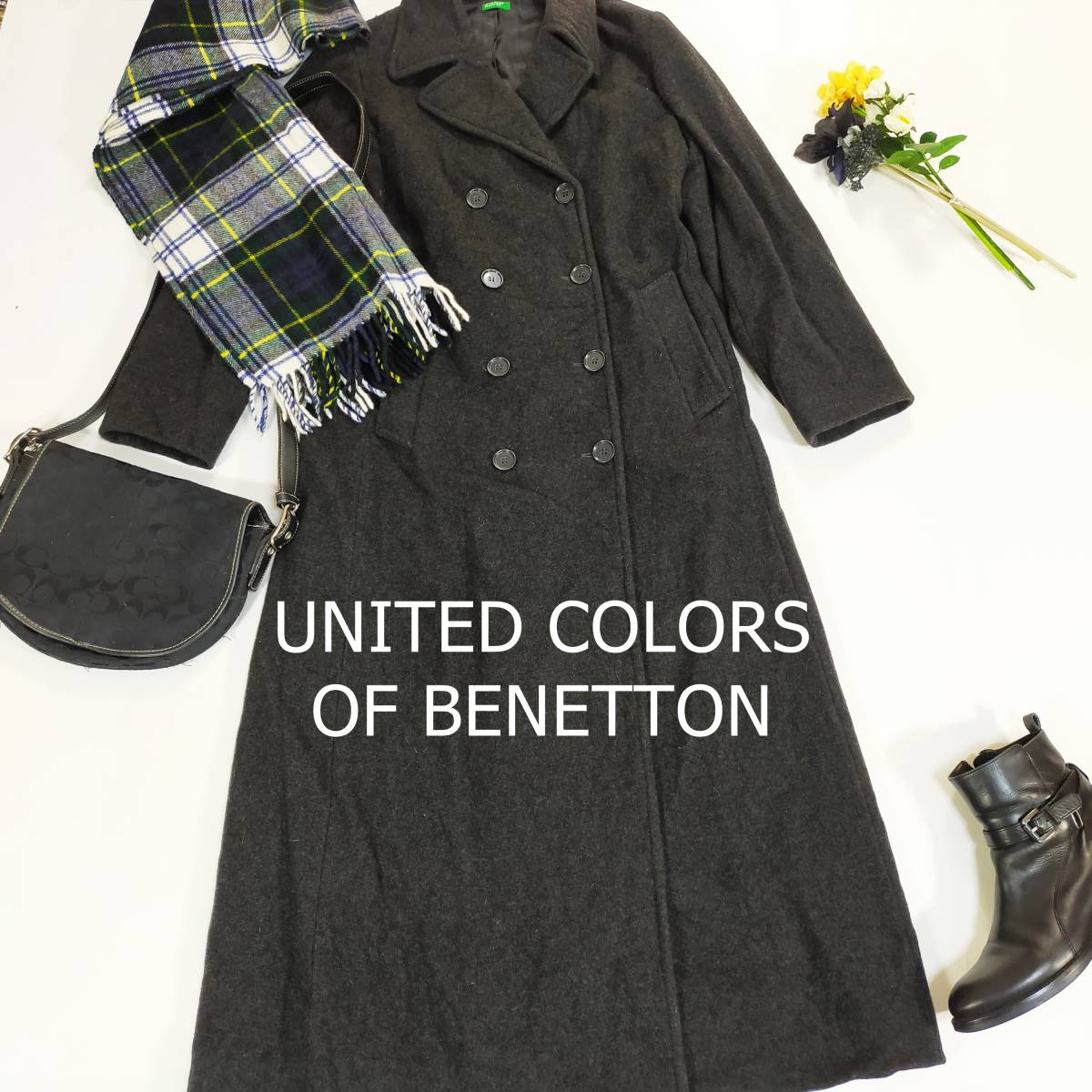 ベネトン UNITED COLORS OF BENETTON イタリア製 ロングコート サイズXS ダークグレー 開襟 ボタン 前開き シンプル ポケット 3154_画像1