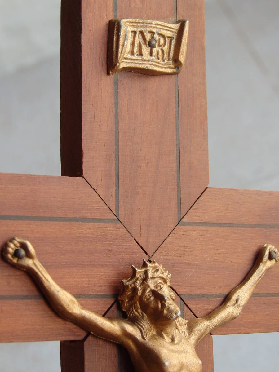 フランスアンティーク 十字架 クロス 教会 ブロカント 蚤の市 仏 壁掛け ウォール 木製 キリスト インテリア _画像6