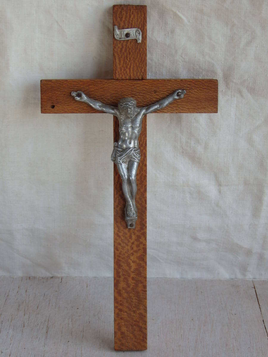 フランスアンティーク 十字架 クロス 教会 ブロカント 蚤の市 仏 壁掛け ウォール 木製 キリスト インテリア _画像1