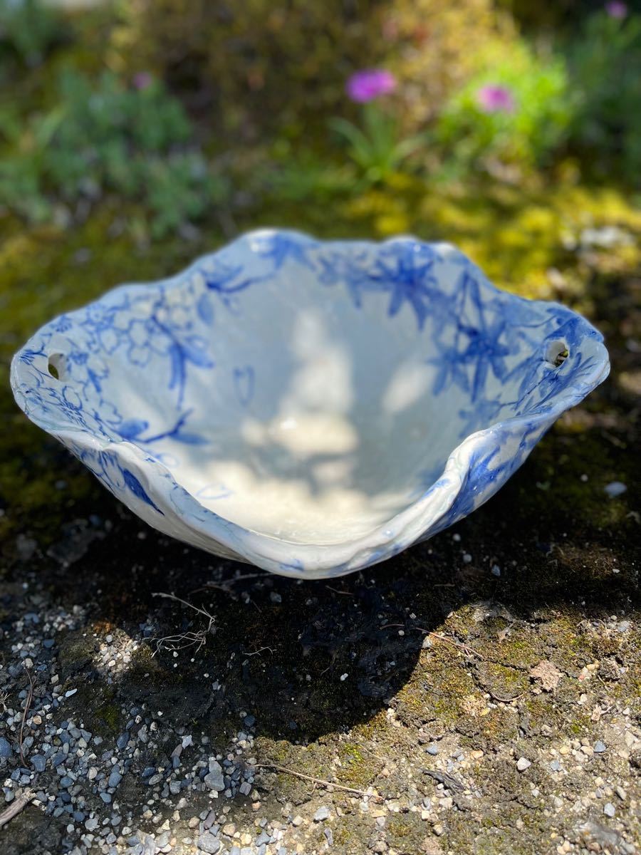 信楽焼 ブルーガラス 手作りメダカ鉢 49㌢水連鉢 ビオトープ-