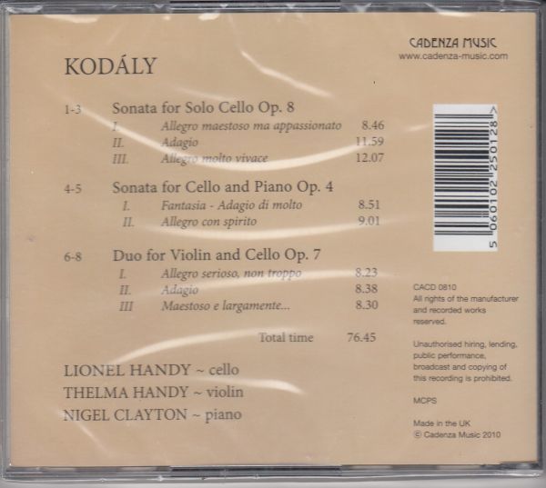 [CD/Cadenza Music]コダーイ:無伴奏チェロのためのソナタOp.8&チェロ・ソナタOp.4他/L.ハンディ(vc)&N.クレイトン(p)_画像2