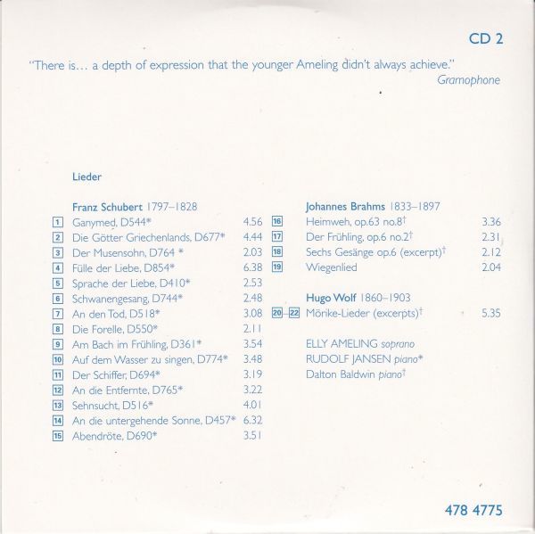 [CD/Philips]シューベルト:ガニュメートD.544&ギリシャの神々D.677&ミューズの子D.764他/E.アメリング(s)&R.ヤンセン(p) 1970-1984_画像2