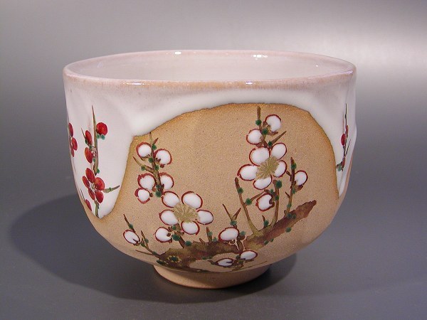 茶道具　抹茶茶碗　紅白梅絵、京焼　中村秋峰作　桐共箱■新品■_画像1