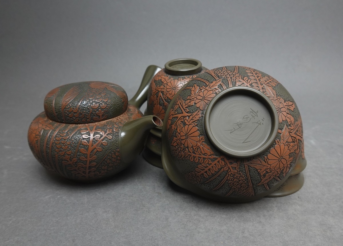 常滑焼　茶器　菊花秋草図　緑泥　二代 舜園作　野間舜園　共箱　検索・煎茶/中国/宜興/紫砂/朱泥/青泥　_画像6