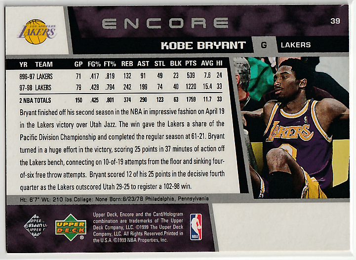 98-99 UPPER DECK ENCORE【KOBE BRYANT】#39_画像2