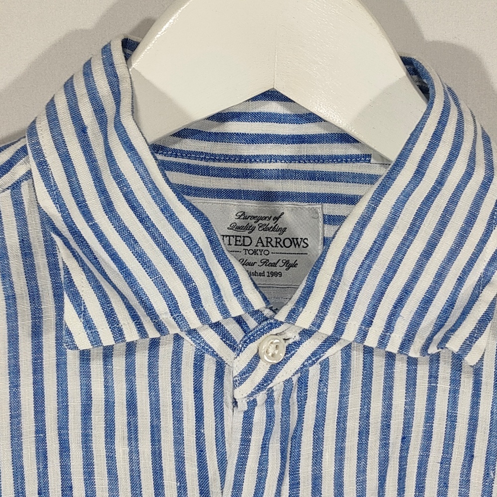 ユナイテッドアローズ UNITED ARROWS リネンシャツ スリムフィット タイト ストライプ 柄 半袖 M ブルー メンズ 中古 /BB