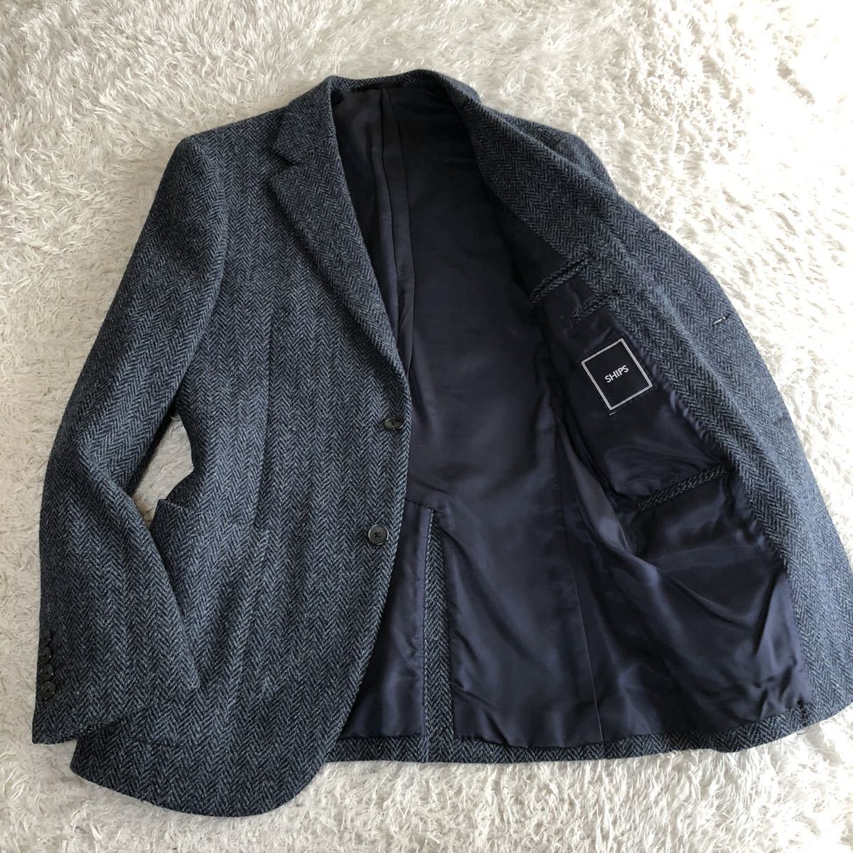 美品】 シップス ハリスツイード 肉厚 ウール ジャケット ネイビー