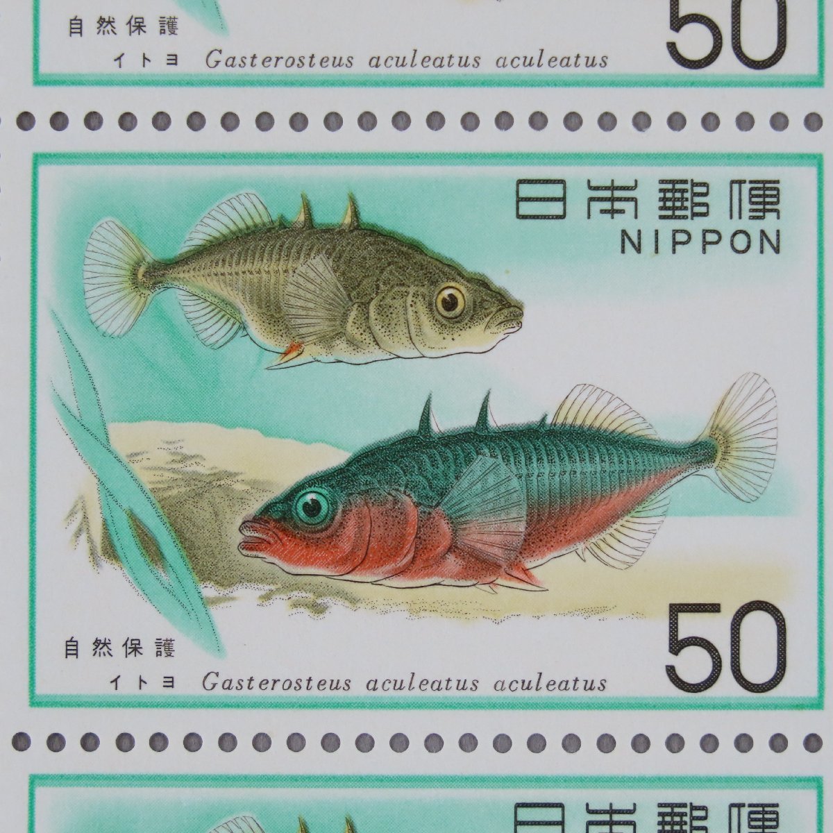 【切手0645】自然保護シリーズ「魚類・イトヨ」 50円20面1シート_画像1