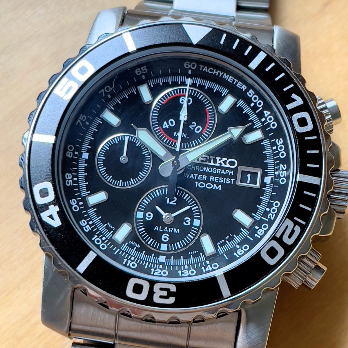 Fuld Og Hylde 箱説明書替えベルト】セイコー SEIKO SNA225P1 7T62-0CV0 クロノグラフ アラーム デイト 黒ブラック文字盤 海外モデル 逆輸入  ダイバーズ kajuen.net