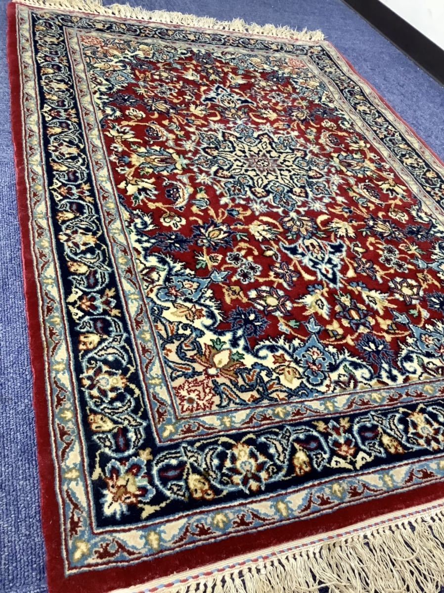 149-さ100 ペルシャ絨毯 最高級イスファハン シルク&ウール 羊毛 絹 玄関マット ラグ 68.5㎝×105㎝