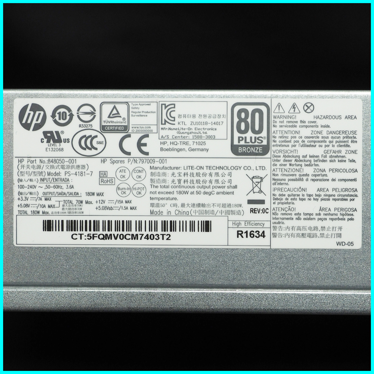 HP ProDesk 400 G3 SFc power supply LITE-ON PS-4181-7 HP Part No.:848050-001 80PLUS BRONZE 180W