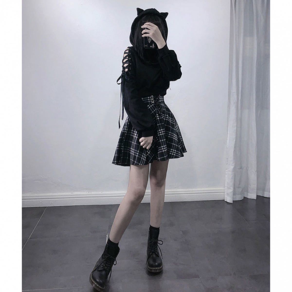 猫耳セットアップ スウェット フード ミニスカート S/XL セットアップ パーカー スカート 上下セット 猫耳 スウェット