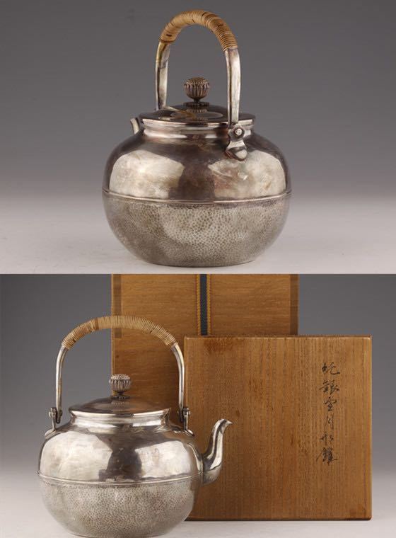 純銀製 口打出 菊摘 湯沸 銀瓶 煎茶道具 一望齋造(春江) 菊摘み純銀湯沸純銀望月鑵銀瓶共箱付き-其他