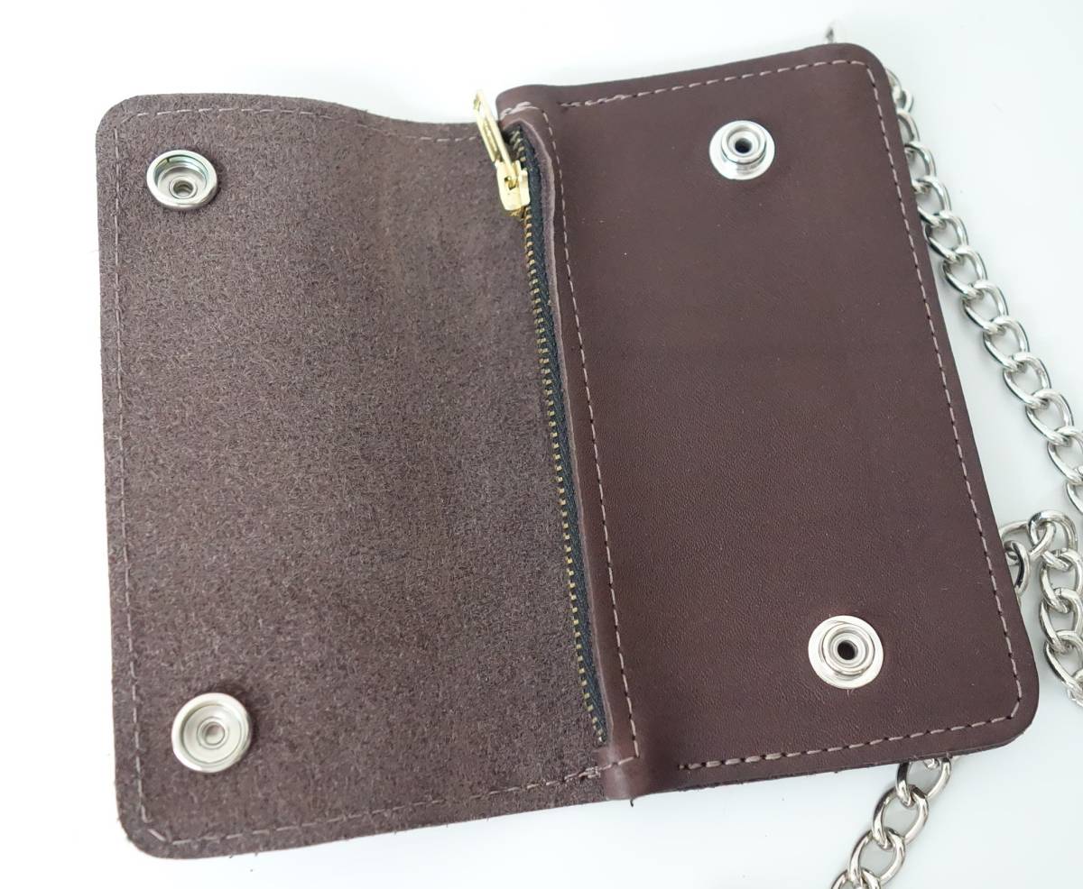 LEATHER WALLET ☆ 　バイカ―レザーウォレット ＊キーリング　ウォレットチェーン付 ＊LENZIP社製　ジッパー小銭入れ　BR_画像3