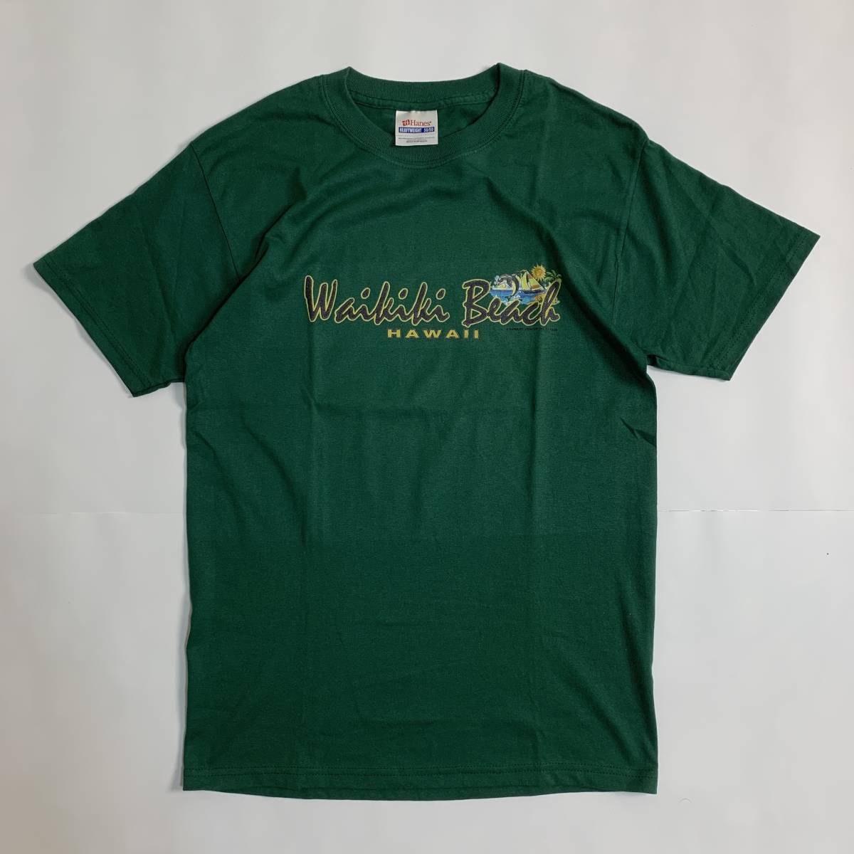 USA古着【Hanes】 Hawaii Waikiki Beach プリントTシャツ ハワイ ワイキキ スーベニア グリーン ヘインズ アメリカ古着_画像1