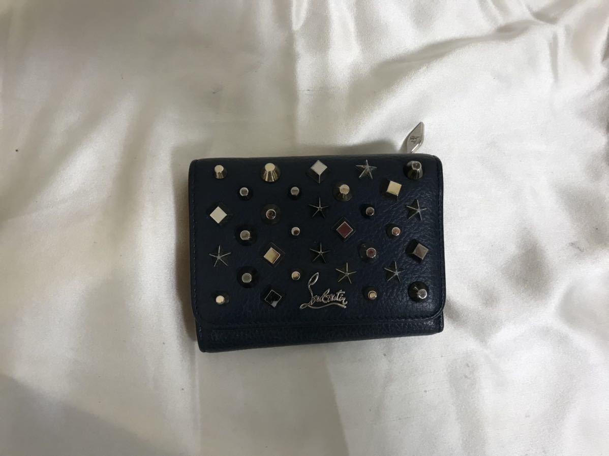  genuine article Christian Louboutin ChristianLouboutin original leather studs Mini folding twice purse rhinoceros f. inserting navy blue navy lady's men's Italy made 