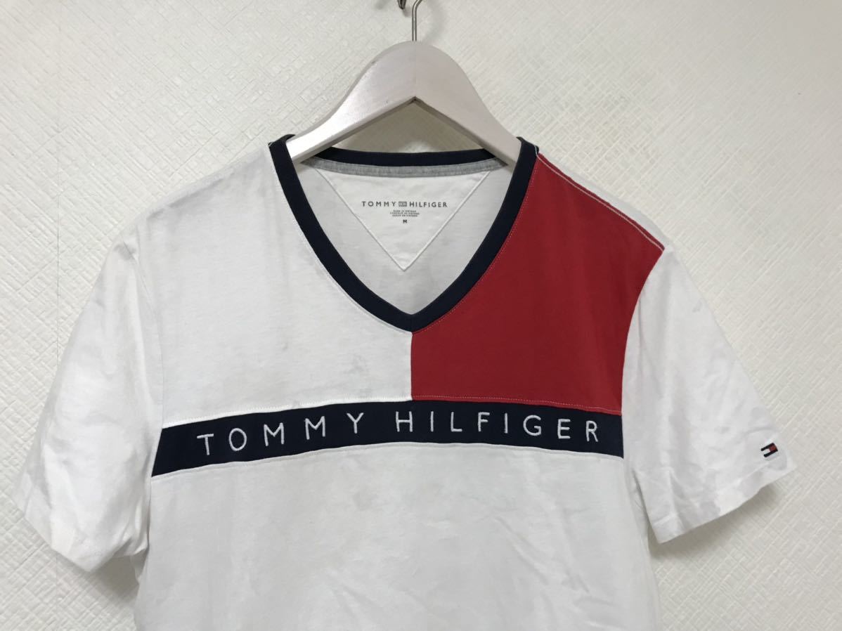 本物トミーヒルフィガーTOMMYHILFIGERコットンロゴ刺繍Vネック半袖Tシャツメンズアメカジサーフスーツビジネス白ホワイトM