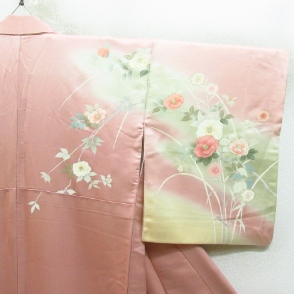 ★着物10★ 1円 絹 訪問着 金駒刺繍 椿 撫子 菊 桔梗 袷 身丈169cm 裄66cm [同梱可] ☆☆_画像7