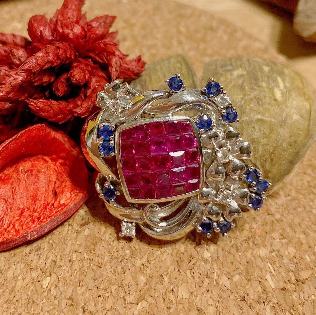 華やか！激カワ！！【Ruby・ Diamond・ Sapphire】ルビー4.26ct 脇ダイヤモンド　0.22ct サファイア　K18 約12.2g ブローチ　ペンダント_画像2