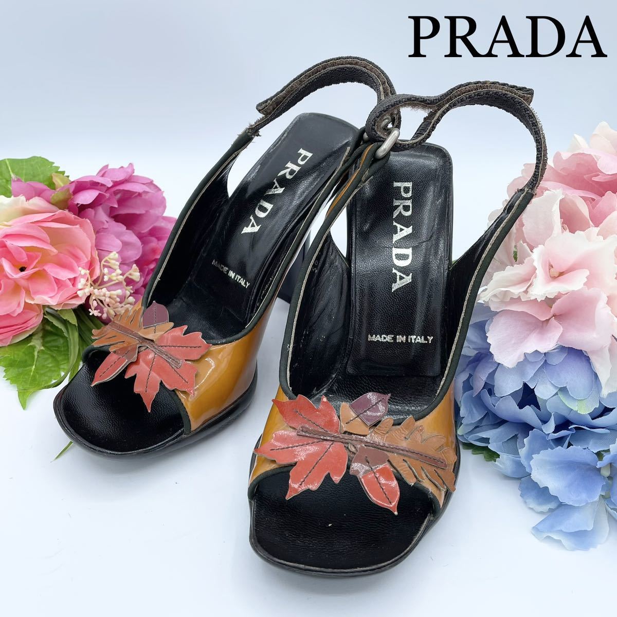 1円〜【PRADA プラダ】パンプス ヒール サンダル 紅葉 もみじ エナメル