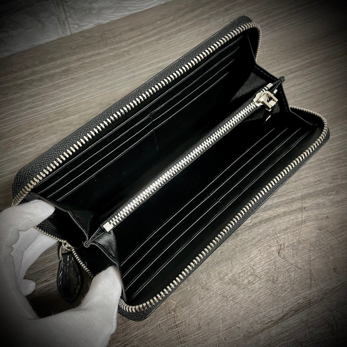 素敵な 高級 クロコダイル ダブルファスナー 財布 センターカット 証明