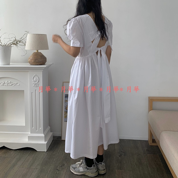 ワンピース レディース 夏 白 即納 背中開き バックオープン 無地 リボン 259856 夏服 森ガール ナチュラル 半袖 パワーショルダー