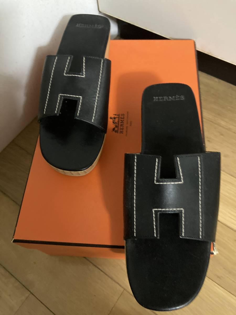 良品✨エルメス サンダル ケブラール Hロゴ ステッチ レザー ブラック