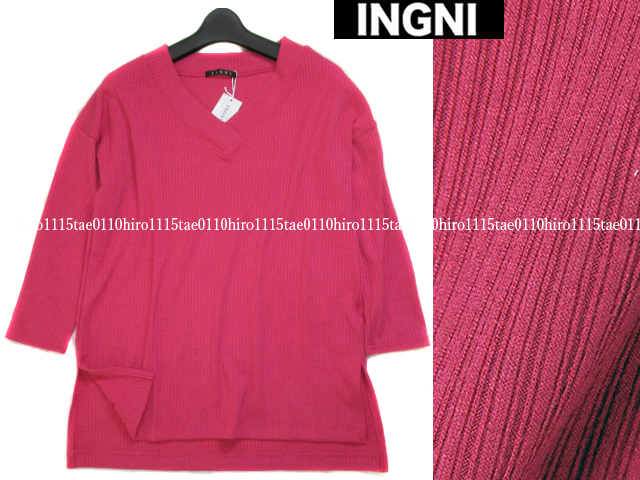 [ new goods INGNI]V neck rib thickness cut and sewn Drop shoulder stretch material rom and rear (before and after) dress length different ( pink ) 9 number M38 wing 