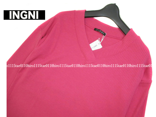 [ new goods INGNI]V neck rib thickness cut and sewn Drop shoulder stretch material rom and rear (before and after) dress length different ( pink ) 9 number M38 wing 