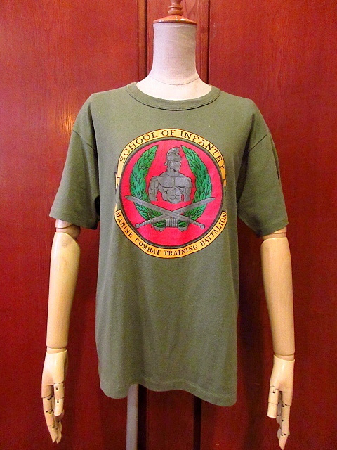 ビンテージ80's★USMC SCHOOL OF INFANTRY ミリタリープリントTシャツ Size L★190806f3米海兵隊エンブレムメンズ半袖綿ポリUSA_画像1