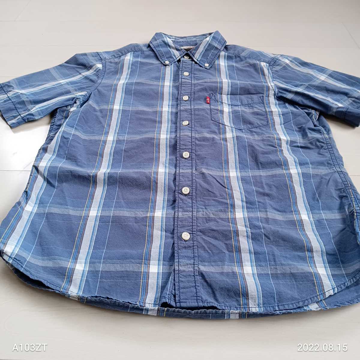 017【格安】リーバイス Levi’s 半袖ボタンダウンシャツ メンズＬ グレーブルー/チェック柄 胸ポケット 赤タブ